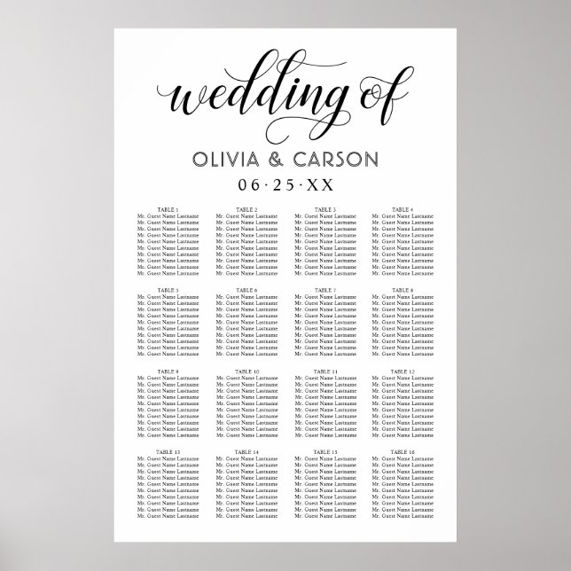 Modern Script Black and White Wedding Seating Poster (Front)