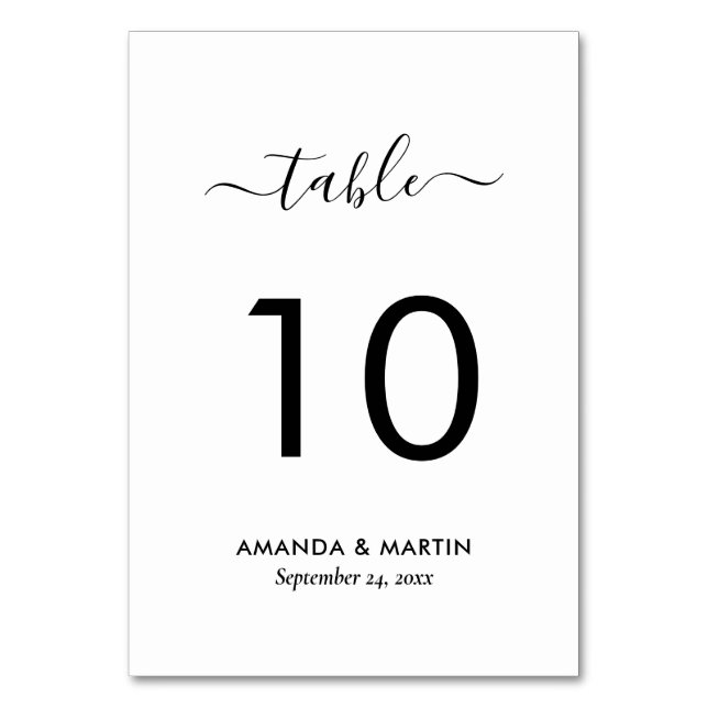 Modern Script Black and White Wedding Table Number (Front)
