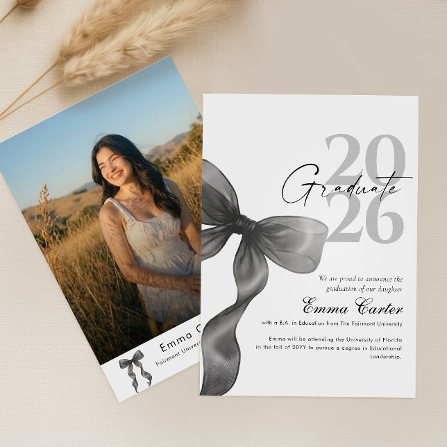 Modern Script Black Bow Simple Photo Graduation Announcement (Creator Uploaded)