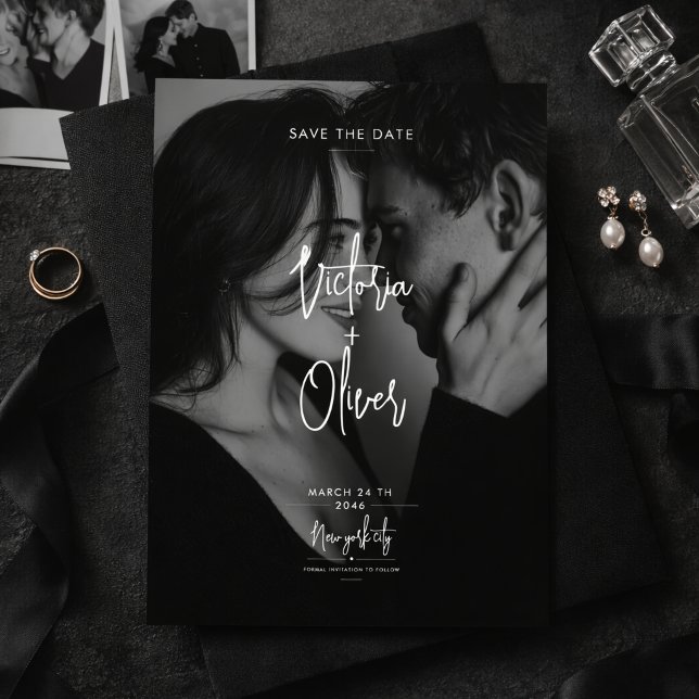 Modern Script Black Editorial Photo Save the Date (Creator Uploaded)