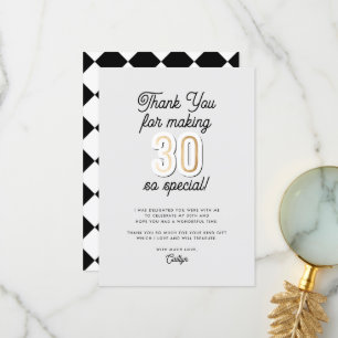 Modern Script Black & Gold 30th Birthday Thank You Card