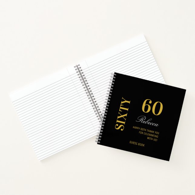 Modern Script Black Gold 60th Birthday Guest Notebook (Inside)