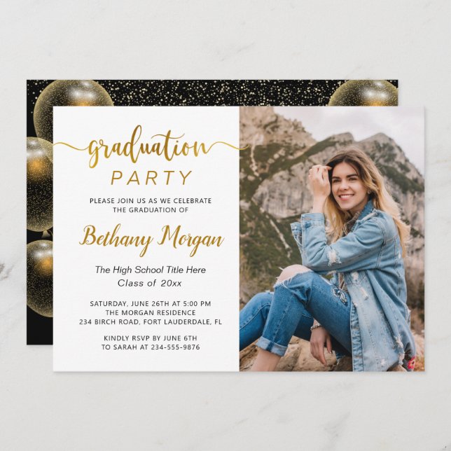 Modern Script Black Gold Balloon Graduation Photo Invitation (Front/Back)