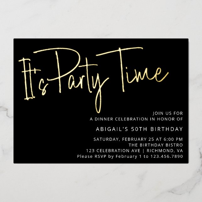 Modern Script Black Gold Birthday Party Time (Front)