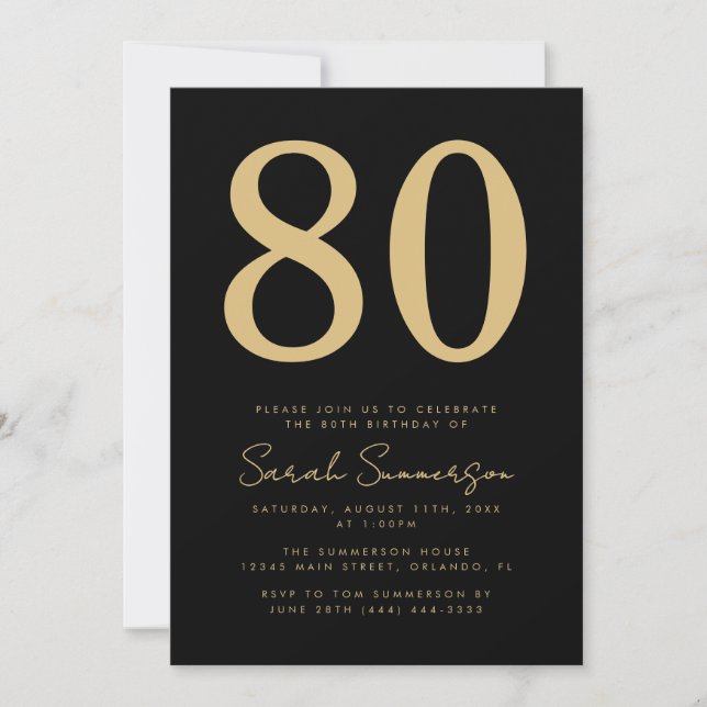 Modern Script Black Gold Eighty 80th Birthday Invitation (Front)