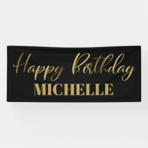 Modern Script Black Gold Happy Birthday Banner
