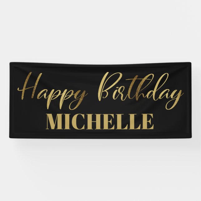 Modern Script Black Gold Happy Birthday Banner (Horizontal)