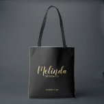 Modern Script Black&Gold Personalised Bridesmaids Tote Bag<br><div class="desc">Modern Script Personalised Bridesmaids Tote Bag featuring personalised bridesmaid's name in gold modern script font style with title and wedding date in modern sans serif font style on black background. Also perfect for Maid of Honour, Flower Girl, Mother of the Bride and more. Please Note: The foil details are simulated...</div>