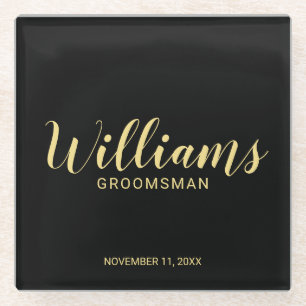 Modern Script Black&Gold Personalised Groomsman Glass Coaster