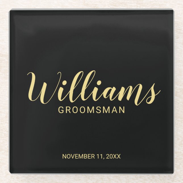 Modern Script Black&Gold Personalised Groomsman Glass Coaster (Front)