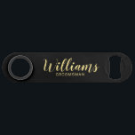 Modern Script Black& Gold Personalised Groomsmen<br><div class="desc">Modern Script Personalised Groomsmen Bottle Opener featuring personalised groomsman's name in gold modern script font style with title and wedding date in modern sans serif font style on black background. Also perfect for Maid of Honour, Flower Girl, Mother of the Bride, Groomsmen, Best man and more. Please Note: The foil...</div>