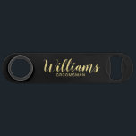 Modern Script Black& Gold Personalised Groomsmen<br><div class="desc">Modern Script Personalised Groomsmen Bottle Opener featuring personalised groomsman's name in gold modern script font style with title and wedding date in modern sans serif font style on black background. Also perfect for Maid of Honour, Flower Girl, Mother of the Bride, Groomsmen, Best man and more. Please Note: The foil...</div>