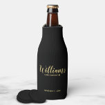 Modern Script Black&Gold Personalised Groomsmen Bottle Cooler<br><div class="desc">Modern Script Personalised Groomsmen Bottle Cooler featuring personalised groomsman's name in gold modern script font style with title and wedding date in modern sans serif font style on black background. Also perfect for Maid of Honour, Flower Girl, Mother of the Bride, Groomsmen, Best man and more. Please Note: The foil...</div>