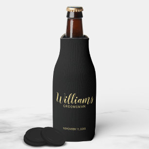 Modern Script Black&Gold Personalised Groomsmen Bottle Cooler