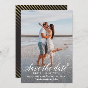 Modern Script Black Gold Photo Save The Date Card