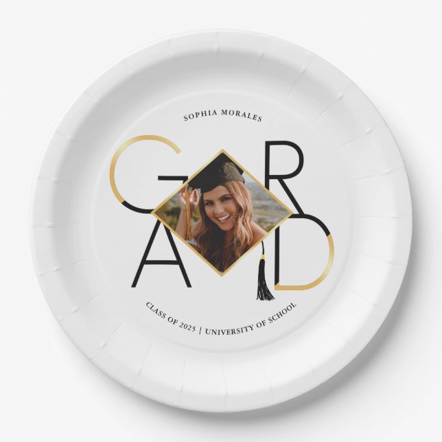 Modern Script Black & Gold Tassel Grad Photo Frame Paper Plate (Front)