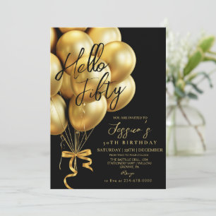 Modern Script Black Hello Fifty Birthday Invitation