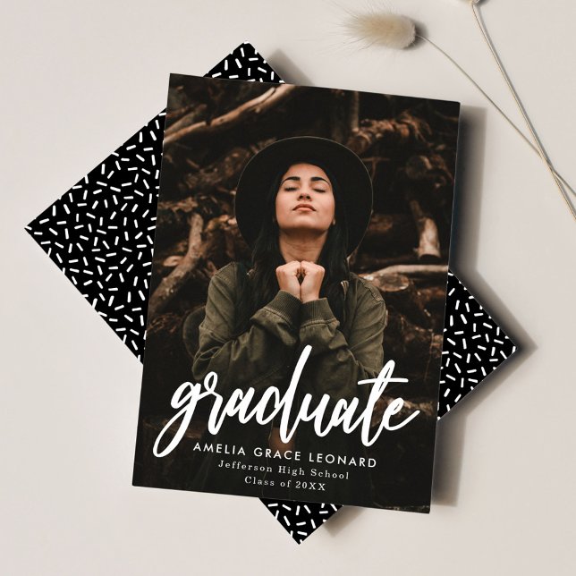 Modern Script Black Photo Graduation Announcement (Creator Uploaded)