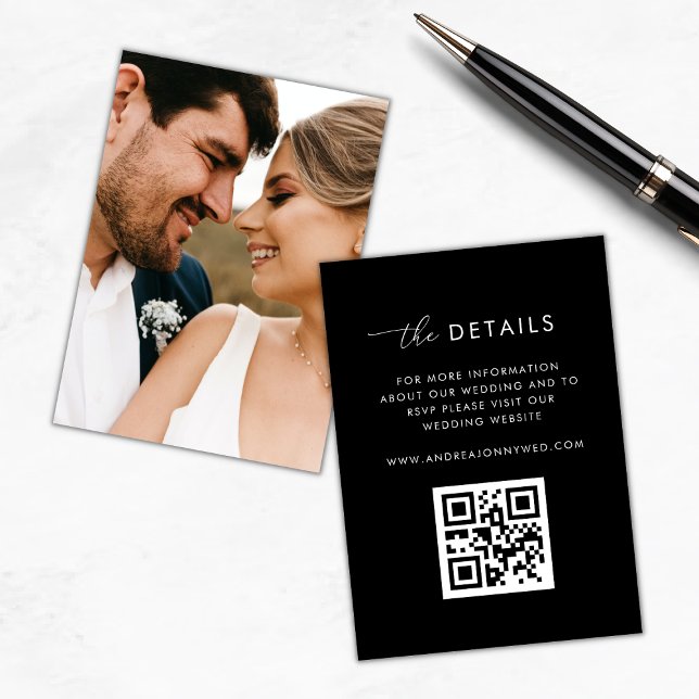 Modern Script Black Qr Code Photo Wedding Details Enclosure Card (Creator Uploaded)
