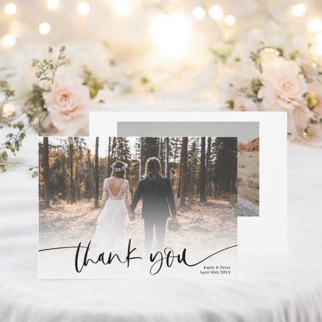 Modern script black thank you 2 photos wedding  card (Modern script black thank you 2 photos wedding )