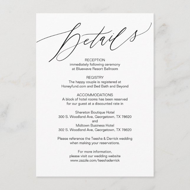 Modern Script, Black, Wedding Details Card (Front)