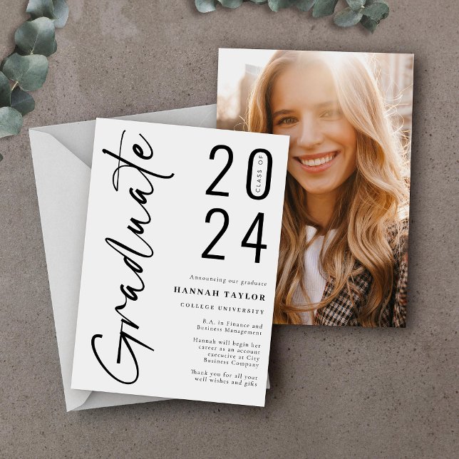 Modern Script Black White 2024 Photo Graduation Announcement (Creator Uploaded)