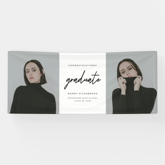 Modern Script Black White 2-Photo Graduation Party Banner (Horizontal)