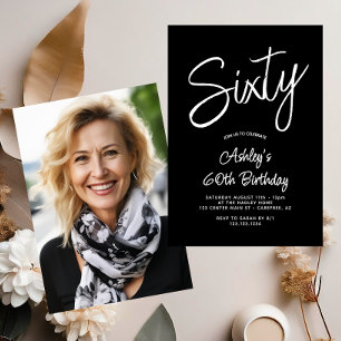 Modern Script Black White 60th Photo Birthday Invitation
