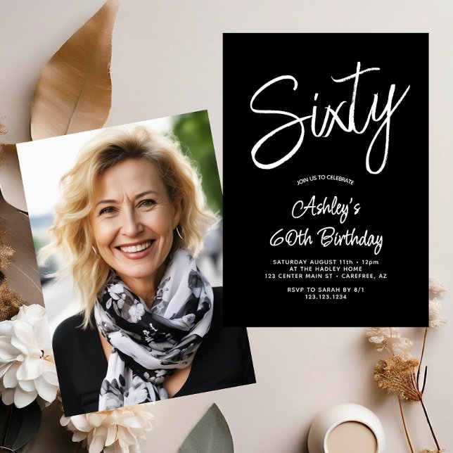 Modern Script Black White 60th Photo Birthday Invitation (Creator Uploaded)