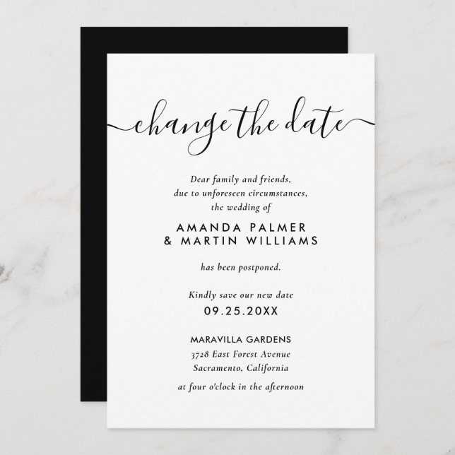 Modern Script Black White Change The Date Wedding Invitation (Front/Back)