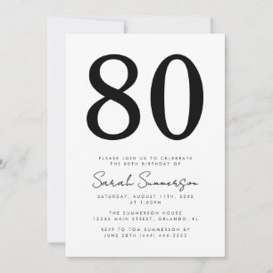 Modern Script Black White Eighty 80th Birthday Invitation