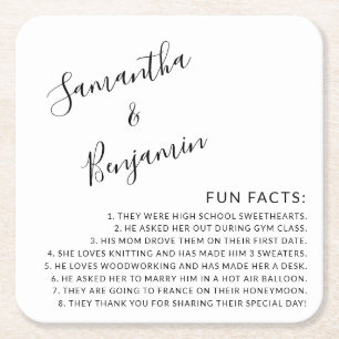 Modern Script Black & White Fun Facts Wedding Square Paper Coaster