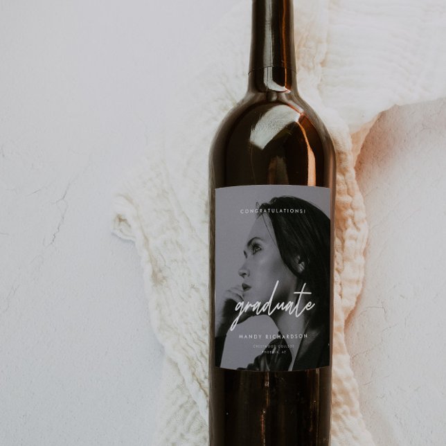 Modern Script Black White Graduation Photo Custom Wine Label (Creator Uploaded)