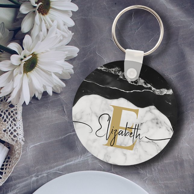 Modern Script Black White Marble Gold Monogrammed Key Ring (Creator Uploaded)