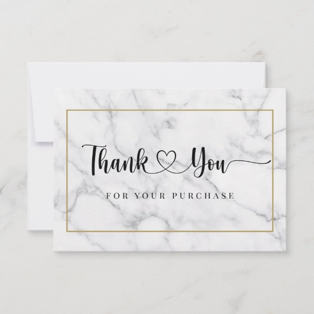 Modern script black white marble thank you card (Front)