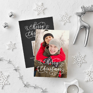 Modern Script Black White Merry Christmas Photo Holiday Card