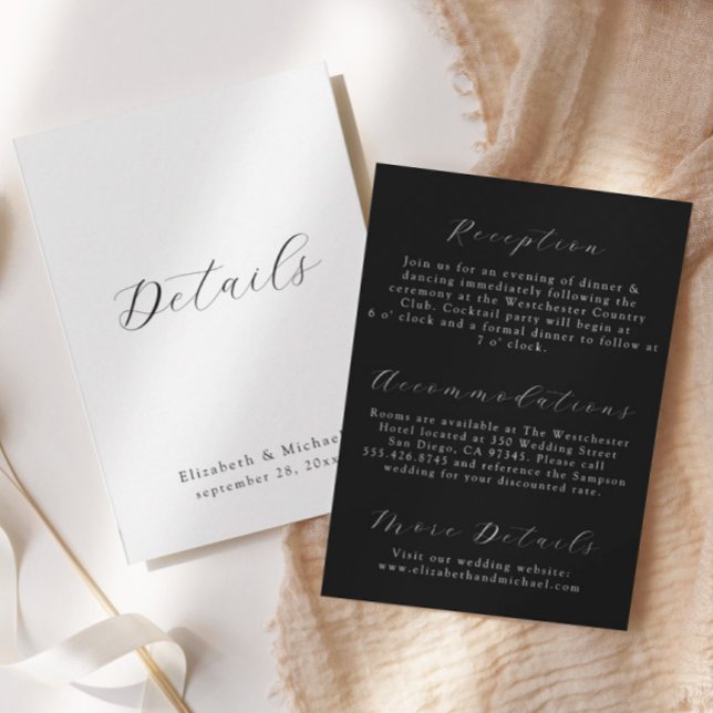 Modern Script Black & White Wedding Details Card (Creator Uploaded)