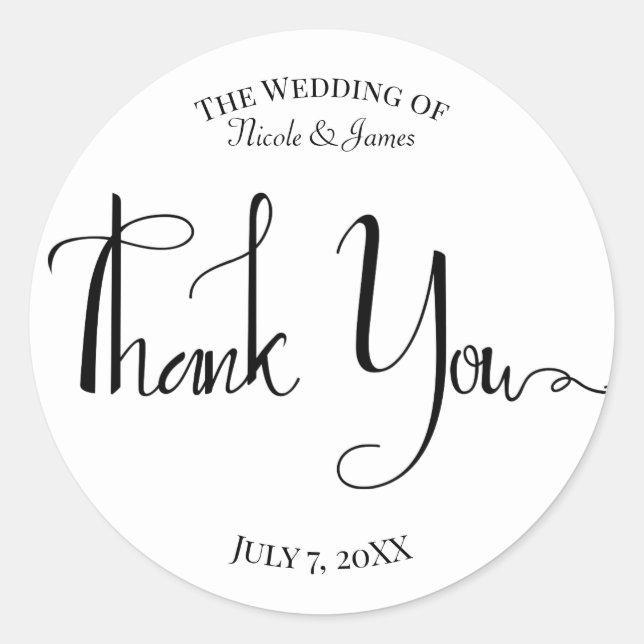 Modern Script Black White Wedding Favour Thank You Classic Round Sticker (Front)