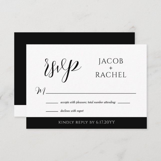 Modern Script Black & White Wedding RSVP Card (Front/Back)