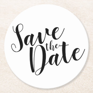 Modern Script Black&White Wedding Save the Date Round Paper Coaster