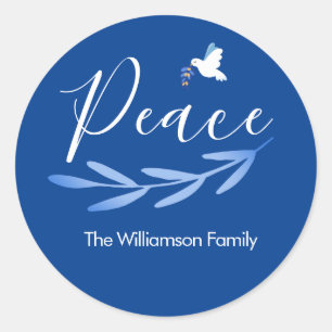 Modern Script Blue and White Holiday Classic Round Sticker
