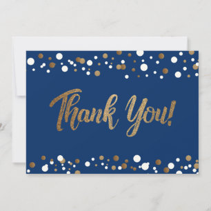 Modern script Blue Gold Confetti Graduation  Thank You Card