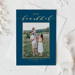 Modern Script Blue Happy Hanukkah Photo Foil Holiday Card<br><div class="desc">Happy Hanukkah! Send Hanukkah wishes to family and friends with this customisable gold foil Hanukkah card. It features elegant calligraphy and simple typography. Personalise by adding names and a photo. This elegant Happy Hanukkah card is available on other cardstock.</div>