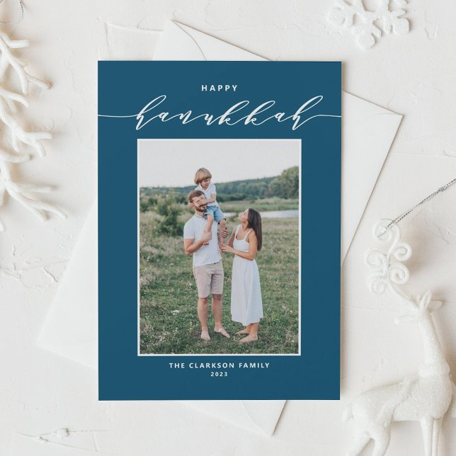Modern Script Blue Happy Hanukkah Photo Holiday Card (Creator Uploaded)