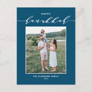 Modern Script Blue Happy Hanukkah Photo Holiday Postcard