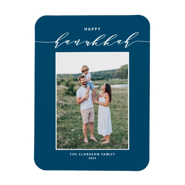 Modern Script Blue Happy Hanukkah Photo Magnet (Vertical)