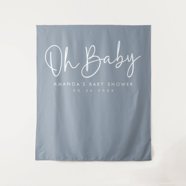 Modern Script Blue Oh Baby Baby Shower Backdrop Tapestry (Front)