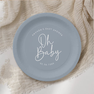 Modern Script Blue Oh Baby Simple Baby Shower Paper Plate
