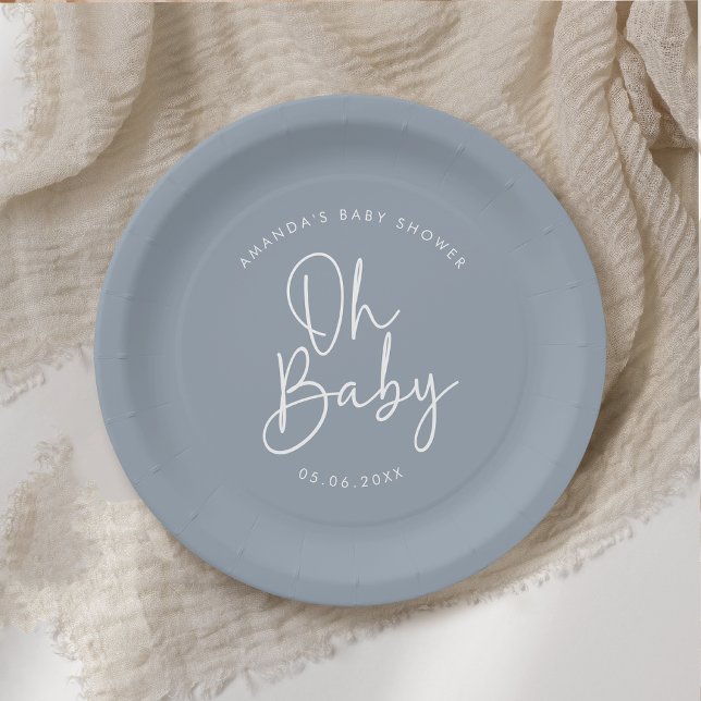 Modern Script Blue Oh Baby Simple Baby Shower Paper Plate (Creator Uploaded)
