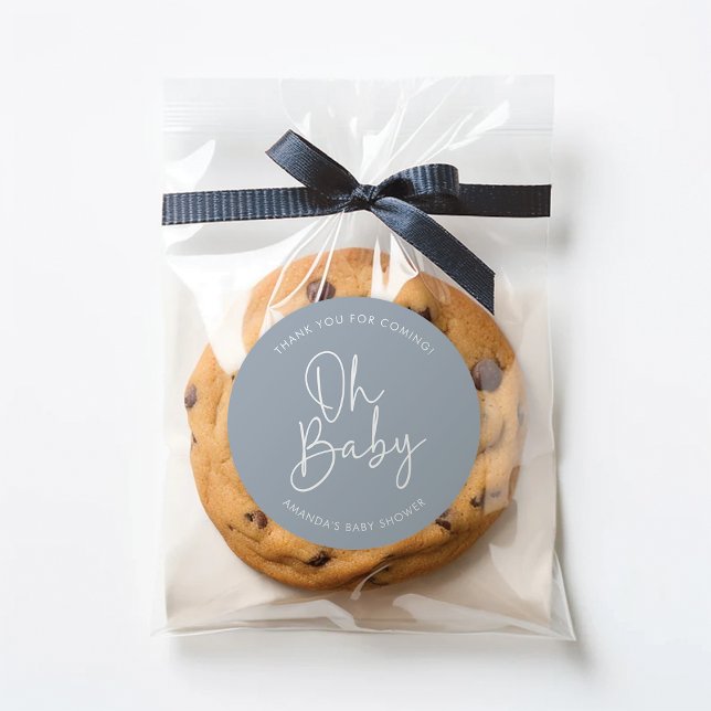 Modern Script Blue Oh Baby Simple Shower Favour Classic Round Sticker (Creator Uploaded)